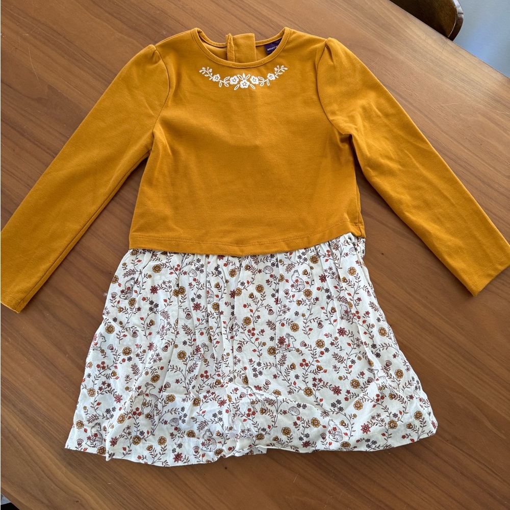French Brand Mustard Long Sleeve Dress with Floral Skirt